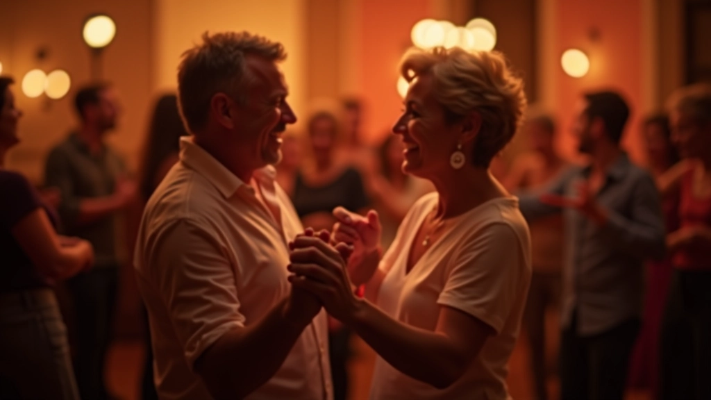 Diverse group of adults dancing together at a social dance event, smiling and connected