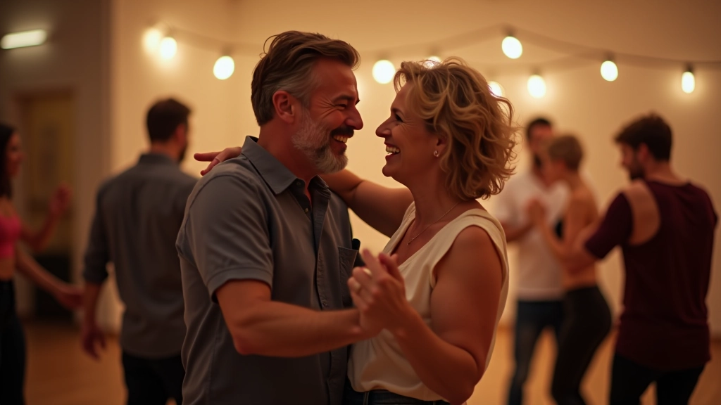 Adult dancers in vibrant social dance setting, energetic movement, warm lighting, diverse age group