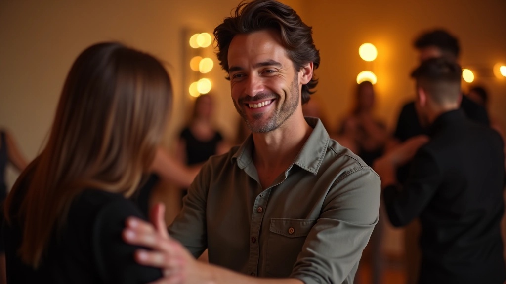Dance instructor teaching bachata technique to adult students in a welcoming studio environment