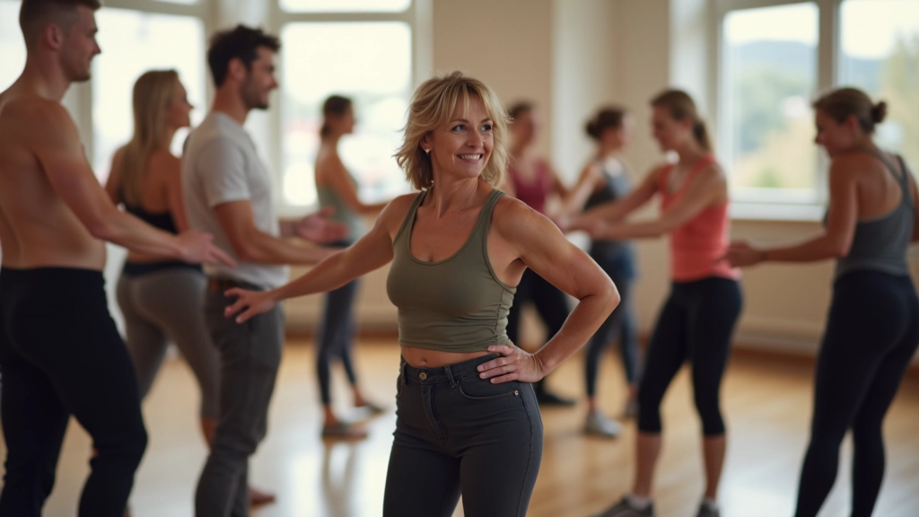 Diverse group of adult dancers in a circle formation during a social dance class, showing inclusive and welcoming environment