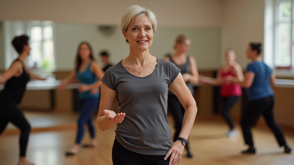 Dance instructor teaching beginner class to group of adults in studio