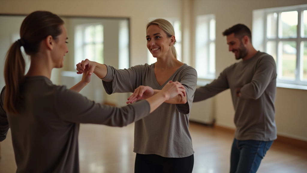 Dance instructor demonstrating basic bachata step pattern to beginner students in bright studio