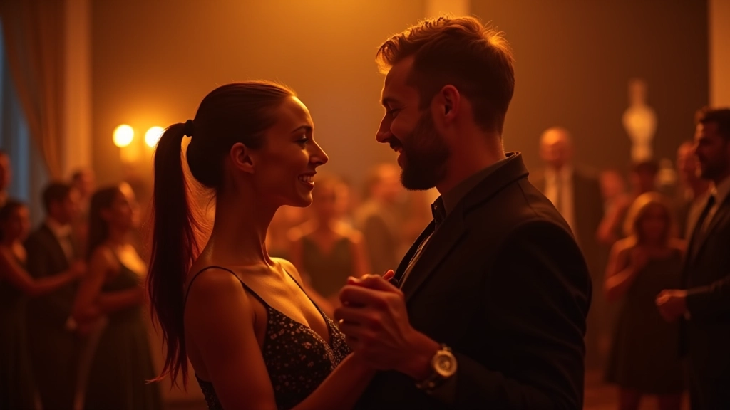 Dance partners making eye contact during a social dance, showing genuine connection