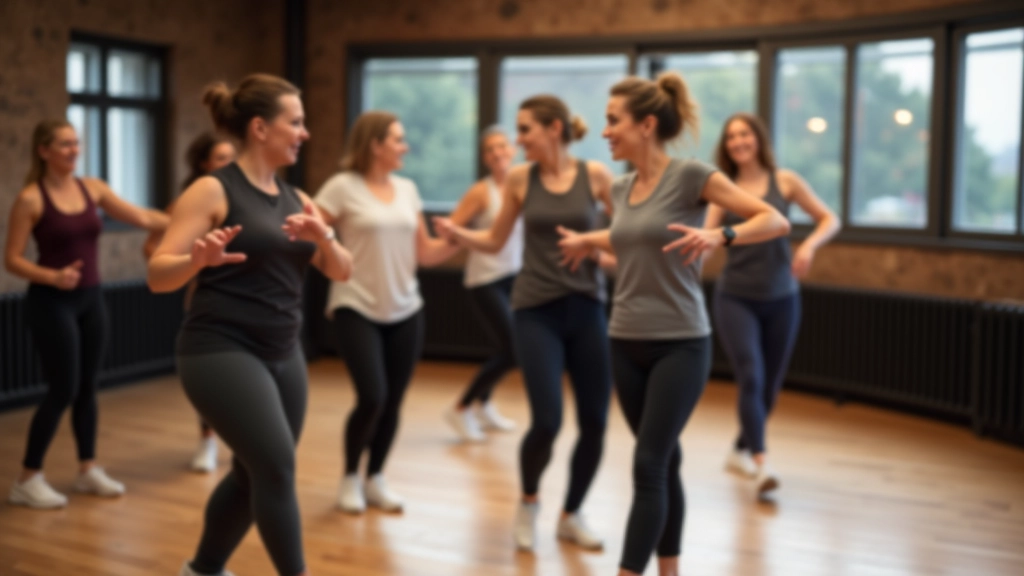 Group of beginner dancers practicing basic steps in a spacious studio with wooden flooring, instructor guiding from the front