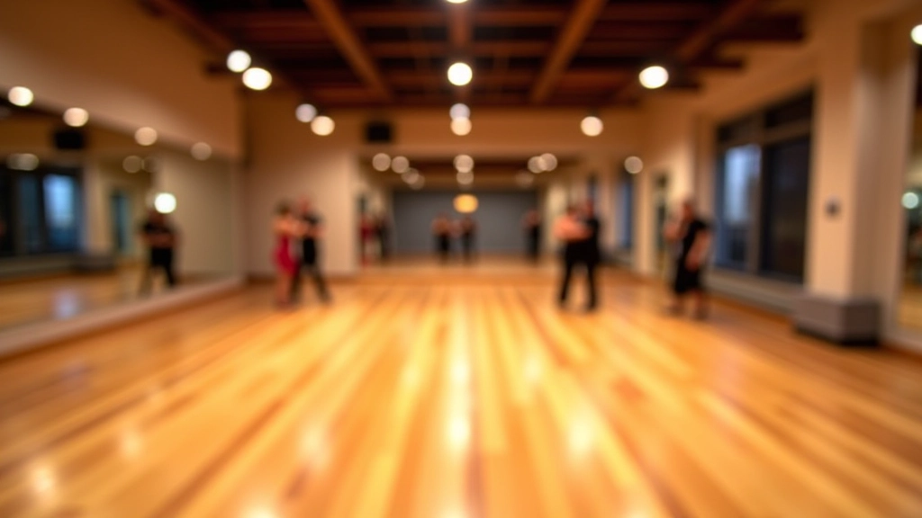Cork dance studio with polished wooden floors, mirrors, professional lighting setup, welcoming bright interior