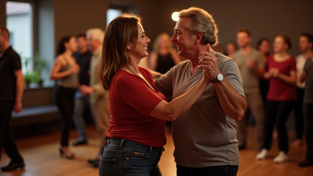 Adults dancing together in a modern dance studio with warm lighting and wooden floors