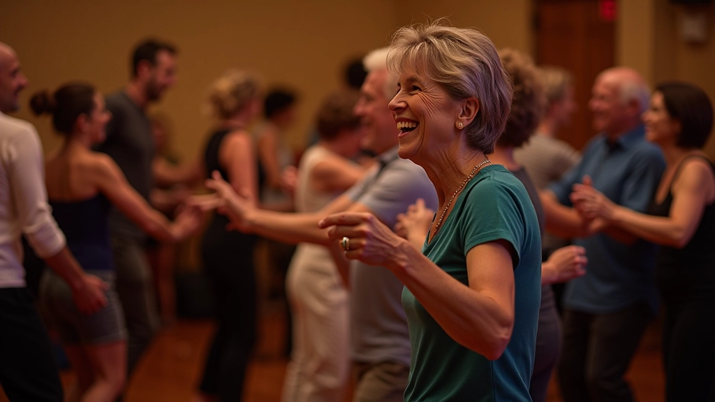 Group of adults dancing together at a social dance event, joyful expressions, warm lighting, indoor venue
