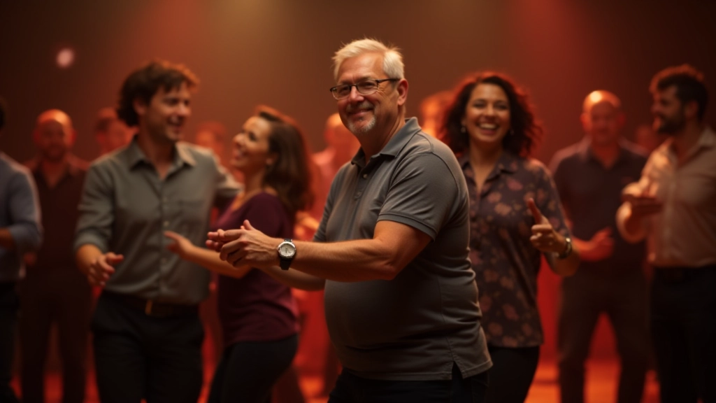 Multiple adults dancing together in group formation at community dance event with joyful expressions and engaged participation