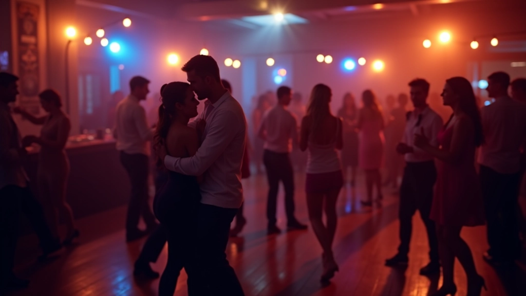Social dance venue with couples dancing bachata under warm lighting and atmospheric ambiance
